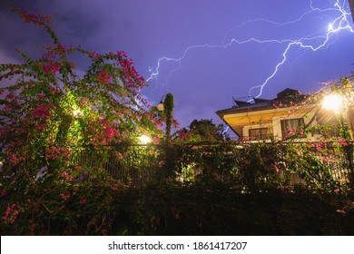 Lightning Strike Residential Neighborhood. Large Bright Lightning Close Up. Mediterranian Winter Night Thunderstorm. Alanya, Turkey.