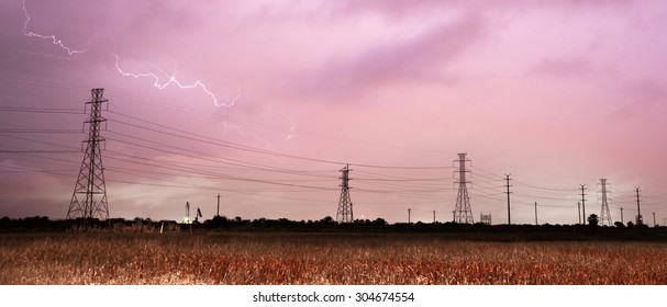 Lightning Strikes Over A Power Lines In Southeast Texas