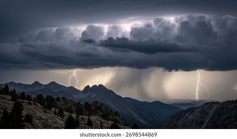 lightning strikes through the clouds over the rocky mountains