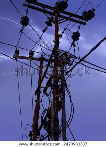 Lightning Striking Behind Electric Pole and Cables #LightningStrike #ElectricPole #Cables #StormyWeather #Technology #Tower #Thunderbolt #Thunder #ThunderStorm #Tower #Storm #Electric #Strike #Sky
