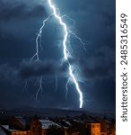 Lightning striking the mountains. Storm over the mountains and the city. Thunderstorm.