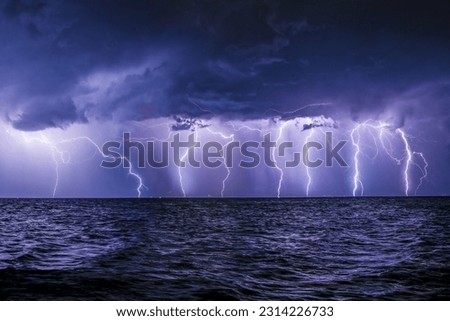 Lightning summer night storm, above Ionian Sea, shot from Corfu, Greece