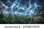 Lightning thunderstorm flash in the mountains and forest. Concept on topic weather, cataclysms (hurricane, Typhoon, tornado, storm) 