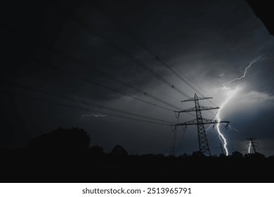 Lightning and thunderstorms over the power lines in Rastatt