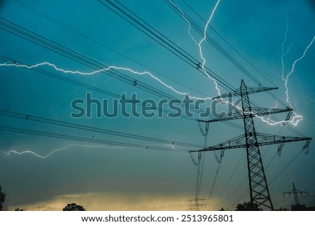 Lightning and thunderstorms over the power lines in Rastatt