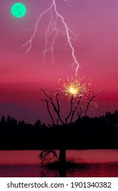 Lightning And Venus, Severe Weather Rain Clouds During Storm At Night. Thunder Hitting Tree Caught Fire 