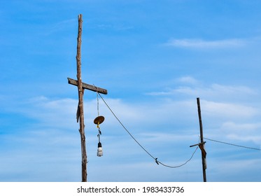 Lights Bulbs And Electric Cable On The Old Wood Pole