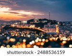 The lights of the night city. Blurred background. Lanterns on the street. big city lights in the twilight evening with blurring. Colorful circles of light abstract. circular bokeh on blue horizon.