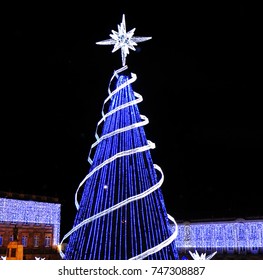 Lights And Street Decorations At Christmas Time In Bolivar Square, Bogota, Colombia