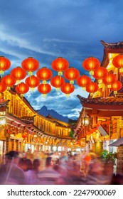 Lijiang old town in the evening with crowd tourist , Yunnan China. - Shutterstock ID 2247900069