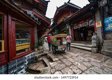 Lijiang, Yunnan, China - August 8, 2019: Street in Lijiang old city.