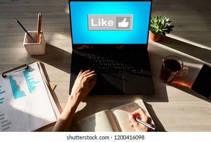 Like button on screen. SMM, Social media marketing concept.