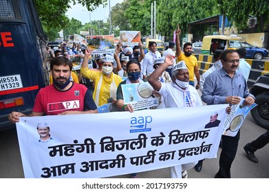 Like Delhi, Aam Aadmi Party Workers Protesting In Gurgaon Demanding 200 Units Of Free Electricity In Haryana. Gurgaon, Haryana, India. July 31, 2021.