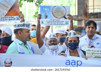 Like Delhi, Aam Aadmi Party Workers Protesting In Gurgaon Demanding 200 Units Of Free Electricity In Haryana. Gurgaon, Haryana, India. July 31, 2021.