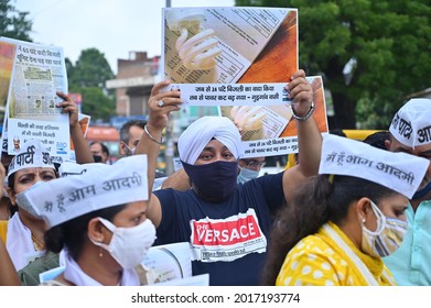 Like Delhi, Aam Aadmi Party Workers Protesting In Gurgaon Demanding 200 Units Of Free Electricity In Haryana. Gurgaon, Haryana, India. July 31, 2021.