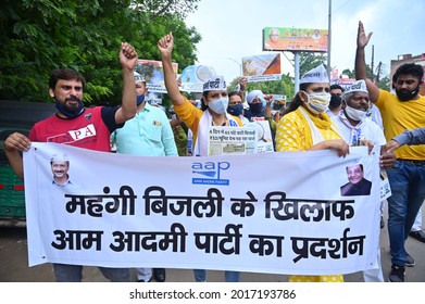 Like Delhi, Aam Aadmi Party Workers Protesting In Gurgaon Demanding 200 Units Of Free Electricity In Haryana. Gurgaon, Haryana, India. July 31, 2021.