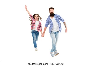 Like father like daughter. Bearded father and small girl child in casual hipster style holding hands. Happy father and adorable little daughter walking together. My father is my friend. - Shutterstock ID 1397939306
