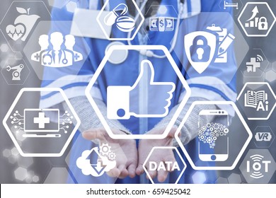 Like Health Care Web Network Technology Concept. Doctor offers thumb up icon on virtual screen. Hospital evaluation. Reviews and recall medical clinic. - Powered by Shutterstock