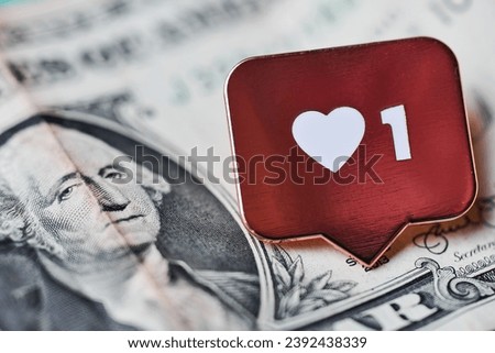 Like heart symbol on dollar. Like sign button, symbol with heart and one digit. Buy followers for social media network marketing. Cheap price concept.