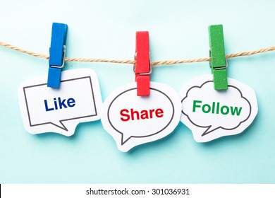 Like Share Follow Bubble With Clip Hanging On The Line With Blue Background.