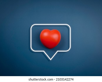 Like, Social Media Icon With Red Heart Ball On White Speech Bubble Frame Isolated On Blue Background. Generic Social Media Likes Notifications. Love Concept, Minimal Style.