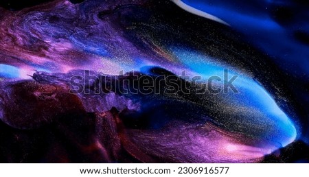 Lilac blue black dark paint abstract background. Dark purple violet ink splash wave spreads closeup. Sparkling liquid footage. Glitter Sequins shine in black acrylic fluid art. Space galaxy concept