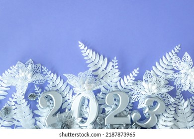 Lilac Christmas Background With Numbers 2023, Flat Lay.