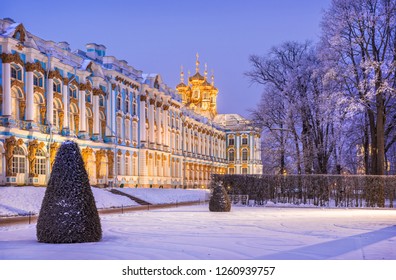 Lilac light of the evening around the Catherine Palace in Tsarskoye Selo winter snowy evening