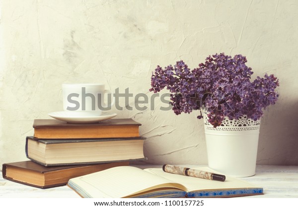 Lilac White Decorative Bucket Pile Books Stock Photo Edit Now