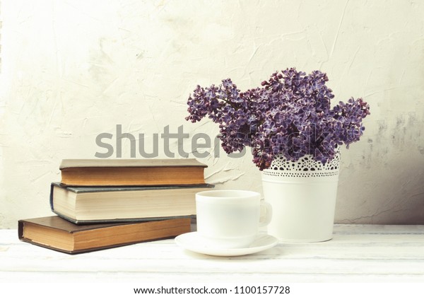 Lilac White Decorative Bucket Stack Books Stock Photo Edit Now