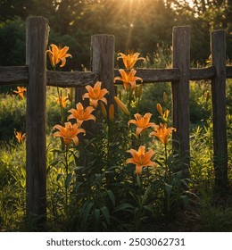 
"Lilies by a Rustic Fence" captures the serene beauty of delicate lilies in full bloom, their vibrant petals standing in contrast to an old, weathered wooden fence. The scene evokes a sense of peace  - Powered by Shutterstock