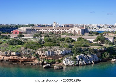 L'Illa del Rei Hospital Island in the middle of the main navigable entry channel to Mahon in Menorca in the Mediterranean Sea