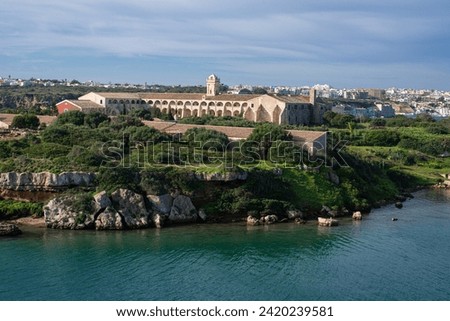 L'Illa del Rei hospital island in the middle of the main navigable entry channel to Mahon in Menorca in the Mediterranean sea