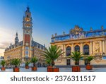 Lille Chamber of Commerce Nouvelle Bourse New Stock Exchange, opera house theatre and palms trees on Place du Theatre square in historical city center, Nord department, Hauts-de-France Region, France