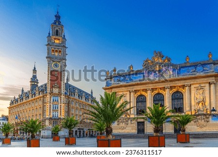 Lille Chamber of Commerce Nouvelle Bourse New Stock Exchange, opera house theatre and palms trees on Place du Theatre square in historical city center, Nord department, Hauts-de-France Region, France