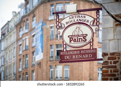 LILLE, FRANCE - July 18, 2013. French Patisserie, Boulangerie Sign Outside A Bakers Shop In Lille, France