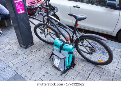 LILLE, FRANCE- JULY 22, 2018: Deliveroo Food Box On Street With Bicycle.