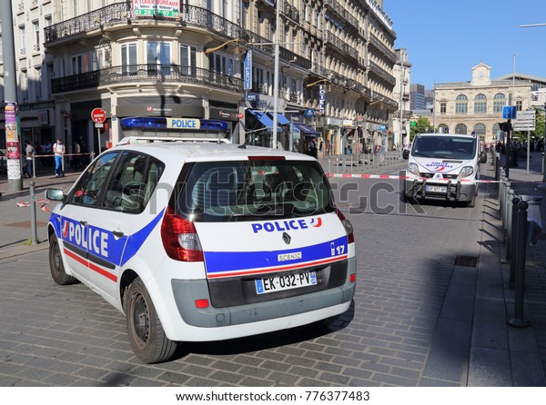 Lille, France -\
May 26, 2017: Police cars block the road during a bomb threat in\
Lille, France on May 26,\
2017