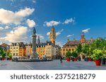 Lille old town, La Grand Place square in city center, historical monument Flemish mannerist architecture style buildings, Column of Goddess, Vieille Bourse, French Flanders, Nord department, France