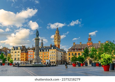 Lille old town, La Grand Place square in city center, historical monument Flemish mannerist architecture style buildings, Column of Goddess, Vieille Bourse, French Flanders, Nord department, France - Powered by Shutterstock