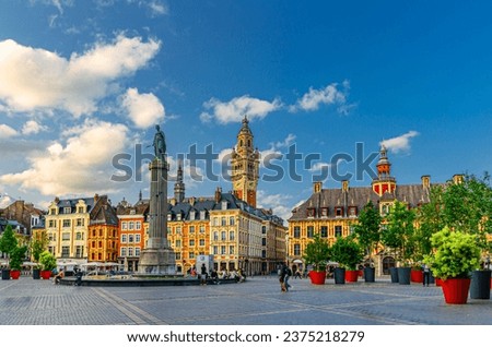 Lille old town, La Grand Place square in city center, historical monument Flemish mannerist architecture style buildings, Column of Goddess, Vieille Bourse, French Flanders, Nord department, France