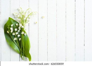 Lily Of The Walley Flowers On White Wood Table, Wedding Background