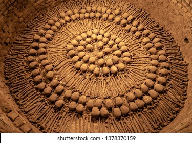 Lima, Peru - 04/08/2019: Bones Displayed in a Circular Arrangement Within the Catacombs of Saint Francis Monastery