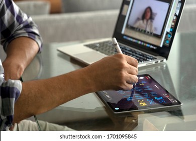 Lima, Peru - April 10 2020: Teacher Having An Online Mathematic Class Via Zoom And Using An IPad. Remote Learning And Schooling Due To COVID-19 Quarantine.