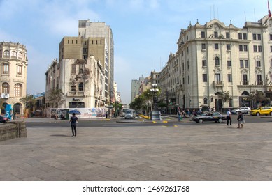 Lima / Peru: April 26 2019: Street Near The Plaza San Martin In Lima