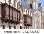 Lima, Peru, Archbishop Palace on colonial Central plaza Mayor or Plaza de Armas in historic center.