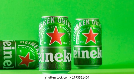 Lima, Peru - August 10 2020: Heineken Beer Can Green Background. .Heineken Beer Is The Flagship Product Of Heineken International.