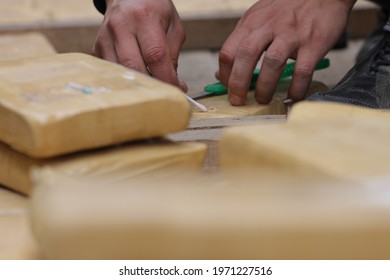 Lima, Peru - August 12, 2012: Seizure Of Drug Or Cocaine Cargo In A Truck With International Destination. Packages Filled With Cocaine And The Fight Against Drug Trafficking.