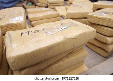 Lima, Peru - August 12, 2012: Seizure Of Drug Or Cocaine Cargo In A Truck With International Destination. Packages Filled With Cocaine And The Fight Against Drug Trafficking.