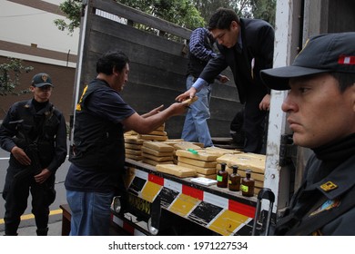 Lima, Peru - August 12, 2012: Seizure Of Drug Or Cocaine Cargo In A Truck With International Destination. Packages Filled With Cocaine And The Fight Against Drug Trafficking.